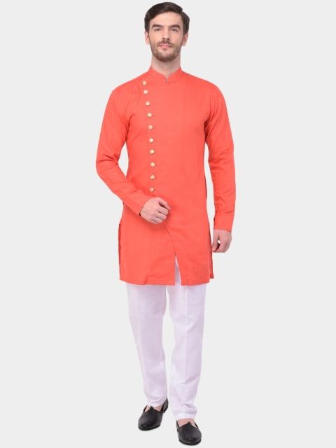 

SG LEMAN Men Coral Orange & White Solid Kurta with Trousers