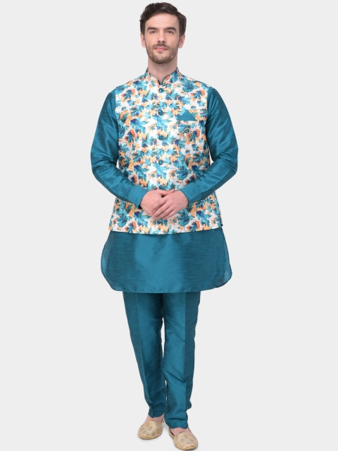 

SG LEMAN Men Teal Blue Solid Kurta with Trousers & Leaf Print Nehru Jacket