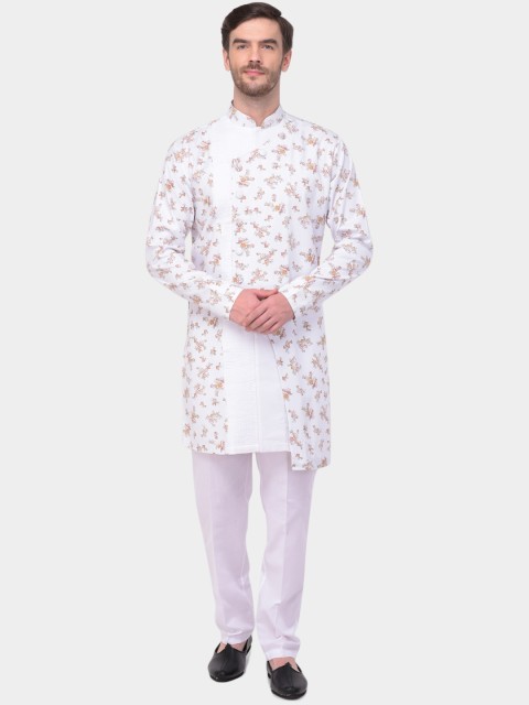 

SG LEMAN Men White & Rust Orange Floral Print Angrakha Kurta with Trousers