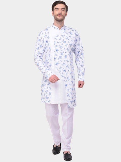 

SG LEMAN Men White & Blue Floral Print Angrakha Kurta with Trousers