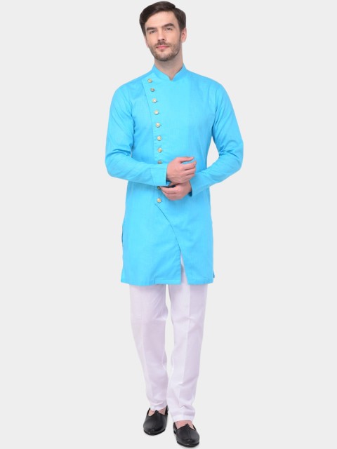 

SG LEMAN Men Turquoise Blue & White Solid Kurta with Trousers
