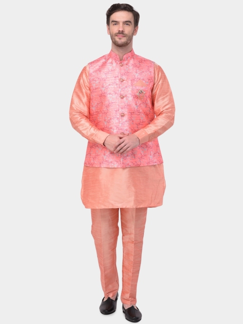 

SG LEMAN Men Peach-Coloured Solid Kurta with Trousers & Floral Print Nehru Jacket