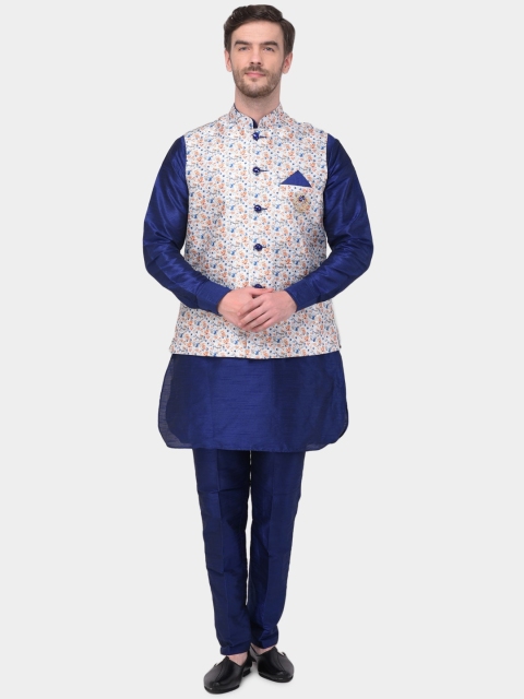 

SG LEMAN Men Navy Blue & White Solid Kurta with Trousers & Floral Print Nehru Jacket