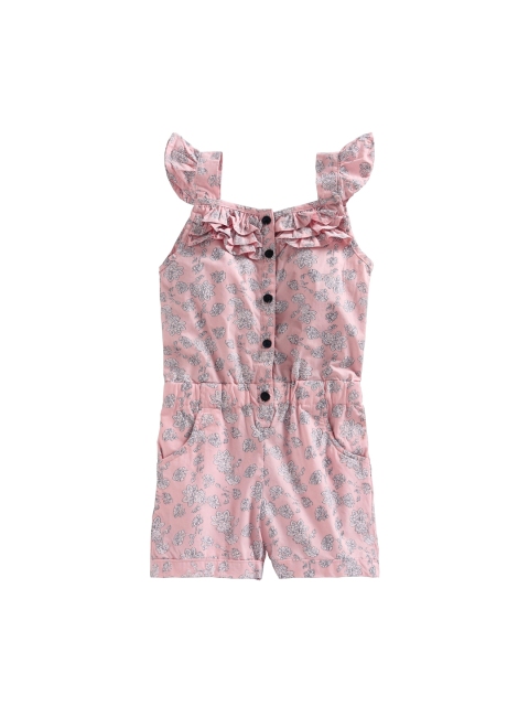 

KiddoPanti Girls Pink & Blue Floral Printed Basic Jumpsuit