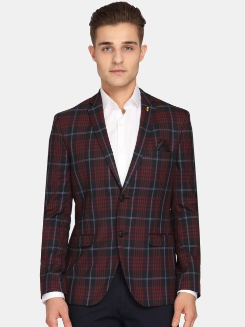 

Theme Men Maroon Checked Super Slim-Fit Single-Breasted Casual Blazer