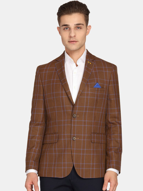 

Theme Men Brown Checked Slim-Fit Single-Breasted Casual Blazer