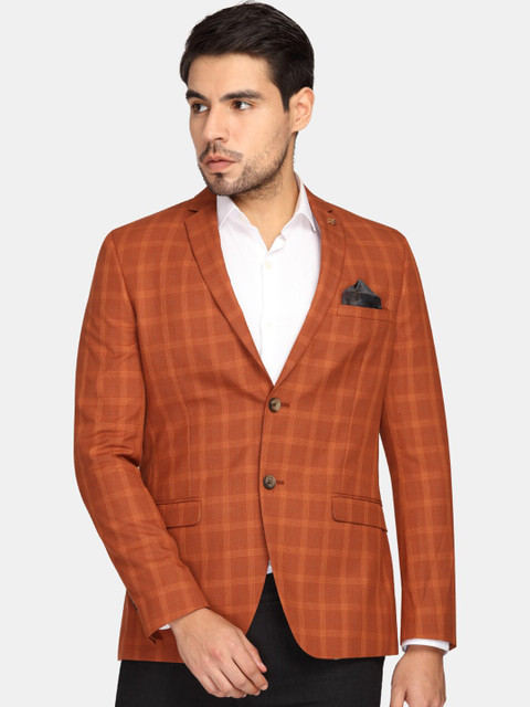 

Theme Men Orange Checked Super Slim-Fit Single-Breasted Casual Blazer
