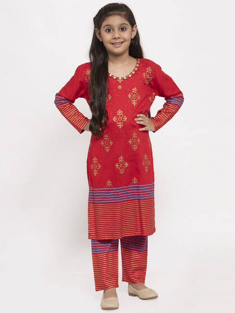 

Baani Creations Girls Coral Red & Golden Ethnic Print Kurta with Trousers