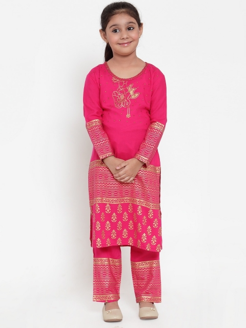 

Baani Creations Girls Pink & Golden Ethnic Print Kurta with Trousers