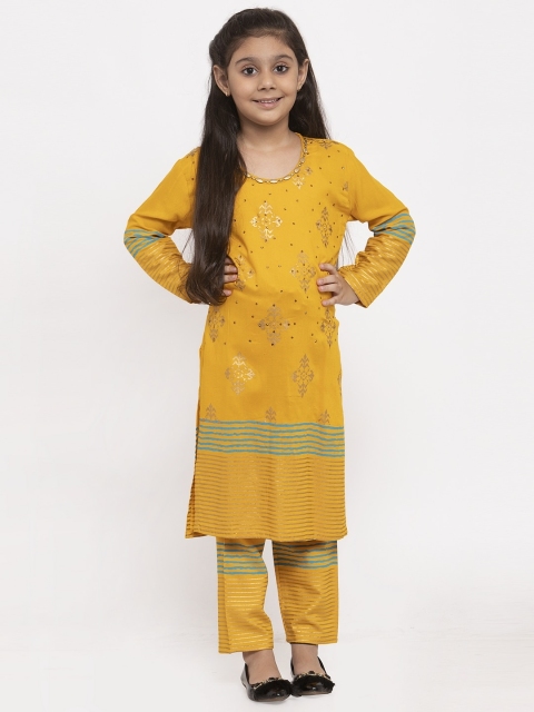 

Baani Creations Girls Mustard Yellow & Golden Ethnic Print Kurta with Trousers
