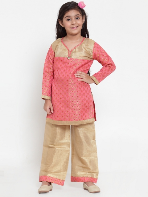 

Baani Creations Girls Coral Pink & Golden Ethnic Print Kurta with Palazzos