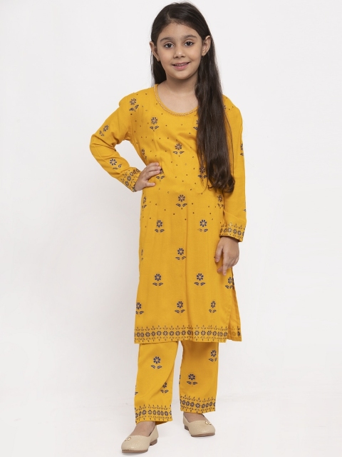 

Baani Creations Girls Mustard & Blue Printed Kurta with Trousers