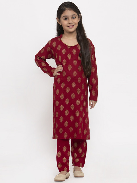 

Baani Creations Girls Maroon & Gold-Toned Printed Kurta with Trousers