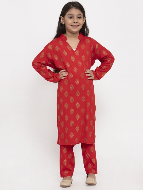 

Baani Creations Girls Red & Golden Printed Kurta with Trousers
