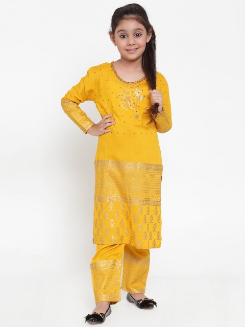 

Baani Creations Girls Mustard Yellow & Golden Printed Kurta with Trousers
