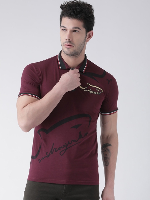 

Rex Straut Jeans Men Maroon & Black Slim Fit Printed Polo Collar T-shirt