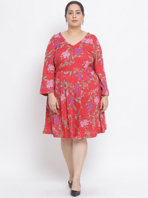 

Oxolloxo Women Coral Red & Purple Floral Print Plus Size Fit & Flare Dress