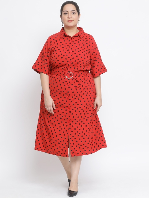 

Oxolloxo Women Coral Red & Black Polka Dot Print Midi Plus Size Shirt Dress