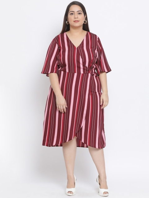 

Oxolloxo Women Maroon & Pink Striped Plus Size Midi Wrap Dress