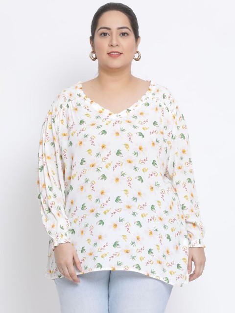 

Oxolloxo Women White & Yellow Floral Print Plus Size Top