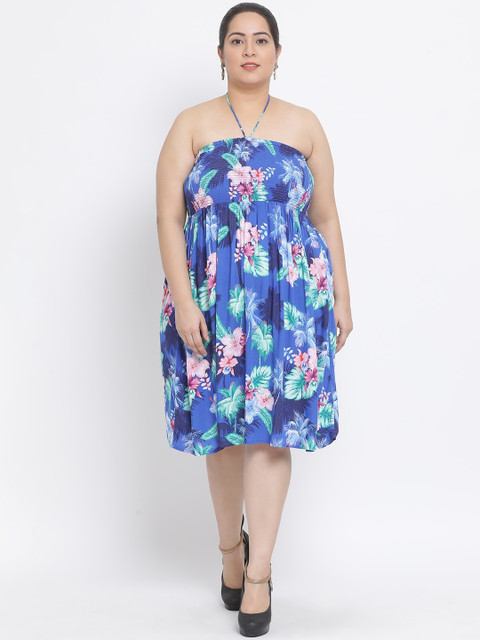 

Oxolloxo Women Blue & Pink Tropical Print Halter Neck Plus Size Empire Dress