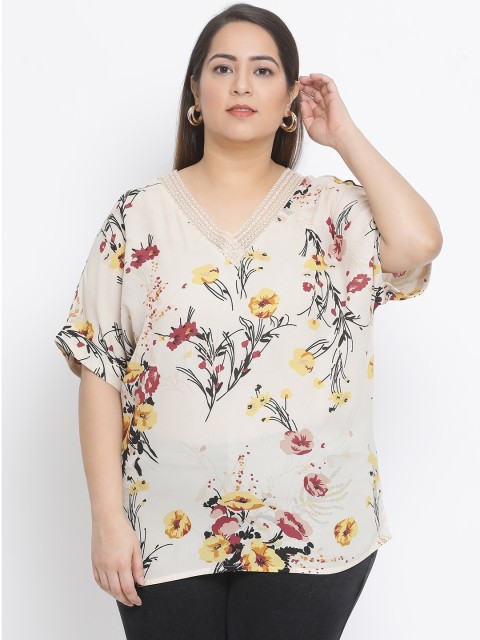 

Oxolloxo Women Beige & Maroon Floral Print Plus Size Top