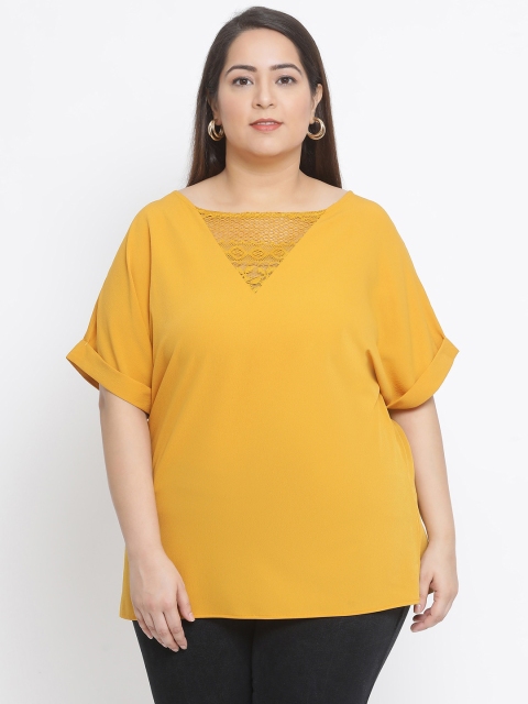 

Oxolloxo Women Mustard Yellow Crochet Detail Plus Size Top