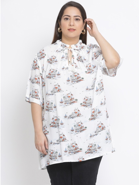 

Oxolloxo Women White & Orange Printed Plus Size Tunic