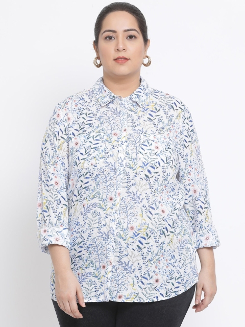 

Oxolloxo Women White & Blue Standard Regular Fit Floral Print Casual Shirt