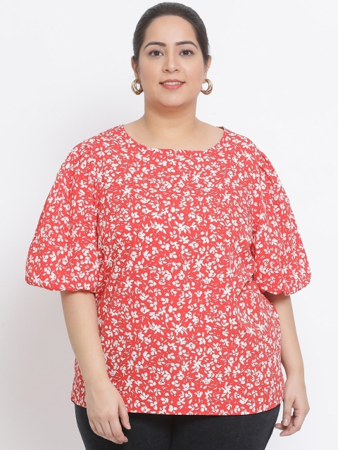 

Oxolloxo Women Coral Red & White Floral Print Plus Size Top