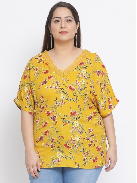 

Oxolloxo Women Mustard Yellow Floral Print Plus Size Top