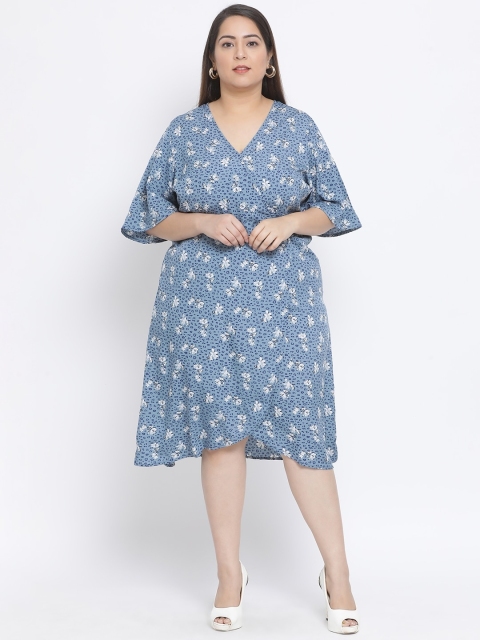 

Oxolloxo Women Blue & White Floral Print Plus Size Wrap Dress