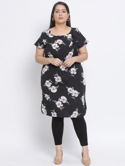 

Oxolloxo Women's Black & White Floral Printed Plus Size Tunic