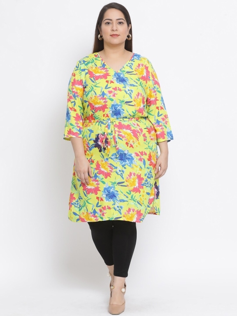 

Oxolloxo Women's Yellow & Floral Blue Printed Plus Size Tunic