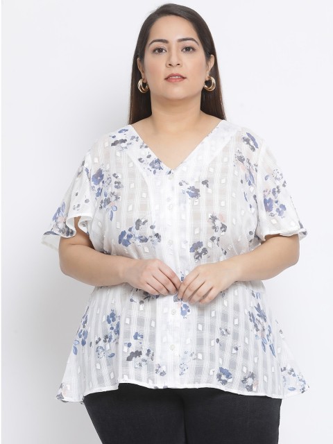

Oxolloxo Women White & Blue Floral Print Plus Size A-Line Top