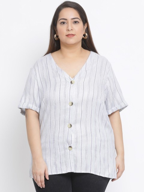 

Oxolloxo Women White & Navy Striped Plus Size Shirt Style Pure Cotton Top