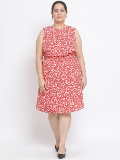 

Oxolloxo Women Red & White Floral Print Plus Size A-Line Dress