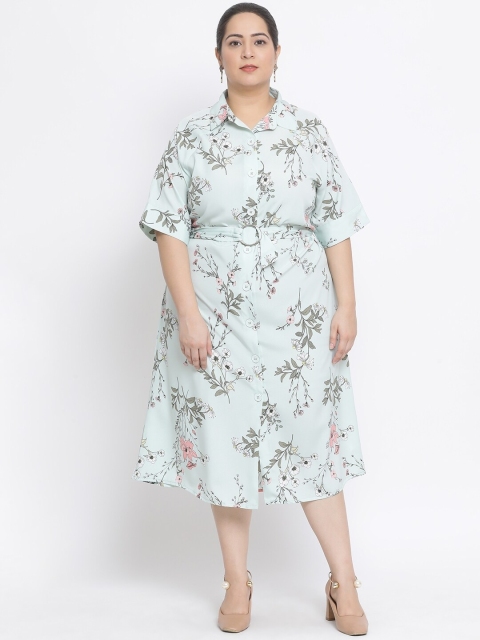 

Oxolloxo Women Green Floral Print Plus Size Shirt Dress With Belt