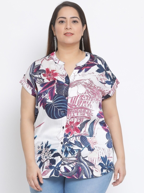 

Oxolloxo Women White & Navy Tropical Print Plus Size Shirt Style Top