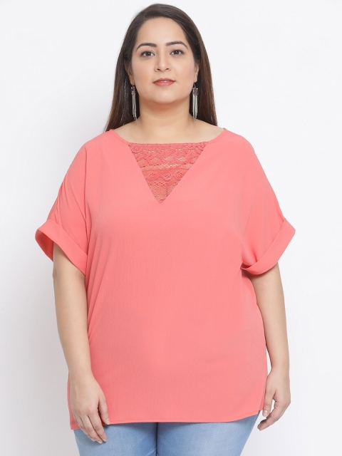 

Oxolloxo Women Coral Pink Solid Plus Size Top With Lace Inserts