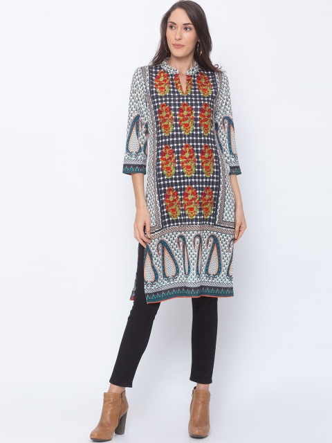 

Globus Women White & Blue Floral Printed Straight Kurta