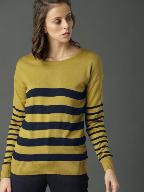 

Roadster Women Mustard Yellow & Navy Blue Striped Pullover Sweater