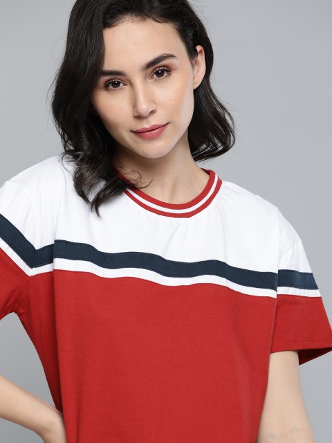 

Harvard Women Red & White Pure Cotton Colourblocked Round Neck T-shirt