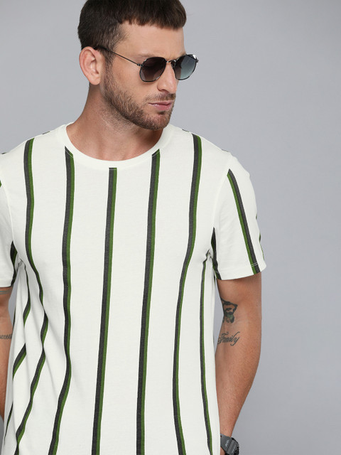 

Harvard Men White Green Striped Round Neck Pure Cotton T-shirt