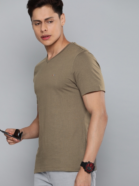 

Harvard Men Olive Green Solid V-Neck Pure Cotton T-shirt
