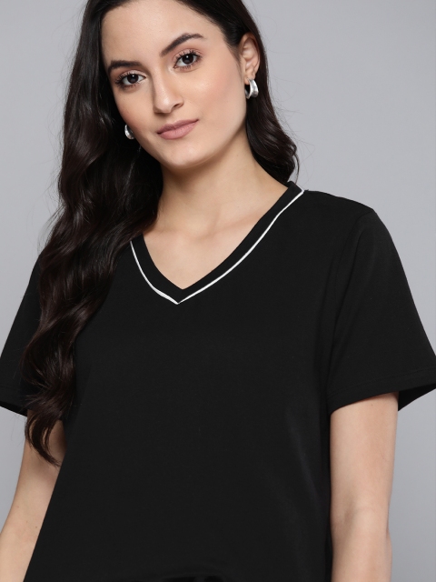 

Harvard Women Black Pure Cotton Solid V-Neck T-shirt