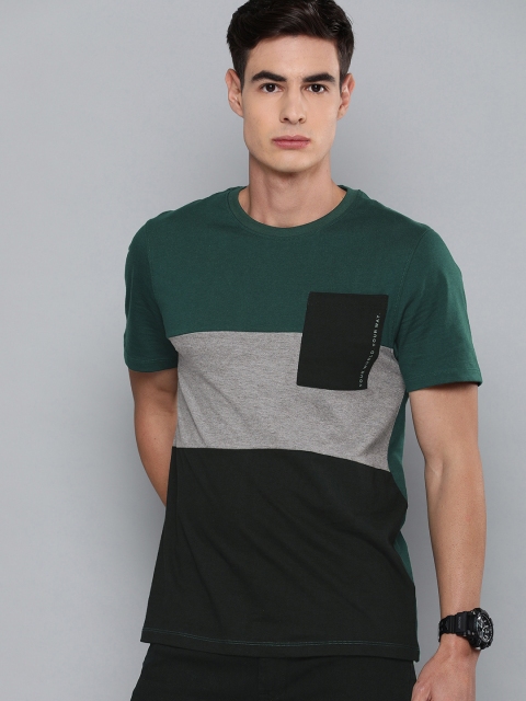 

Harvard Men Green Grey Colourblocked Round Neck Pure Cotton T-shirt