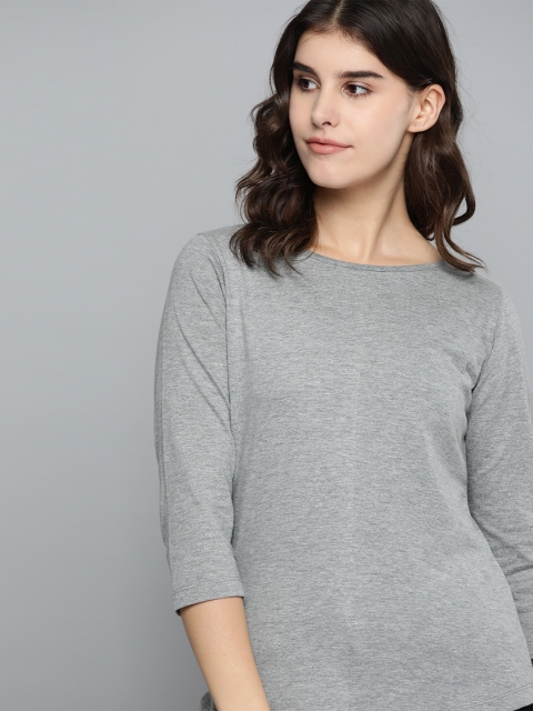 

Harvard Women Grey Melange Pure Cotton Solid Boat Neck T-shirt