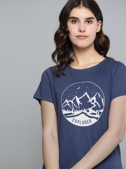 

Harvard Women Navy Blue & White Pure Cotton Printed Round Neck T-shirt