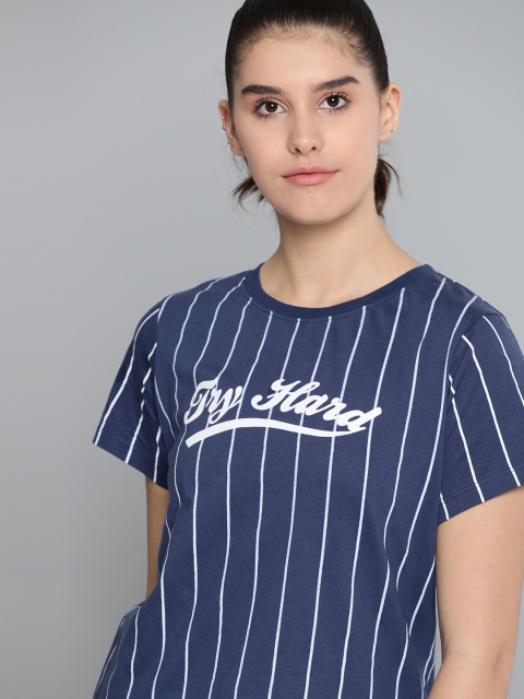 

Harvard Women Navy Blue & White Striped Round Neck Pure Cotton T-shirt
